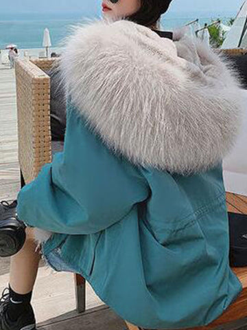 Airchics mi-longue parka avec poches coulisse taille fermeture éclair col en fourrure à capuche femme mode